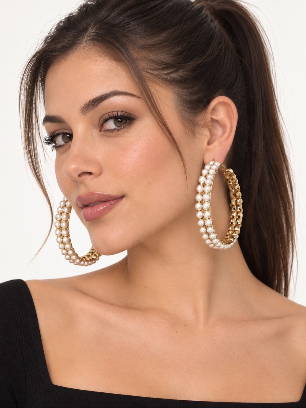 Vintage Oversized Faux Pearl Hoop Earrings Gold Tone Statement Runway 3 Inch